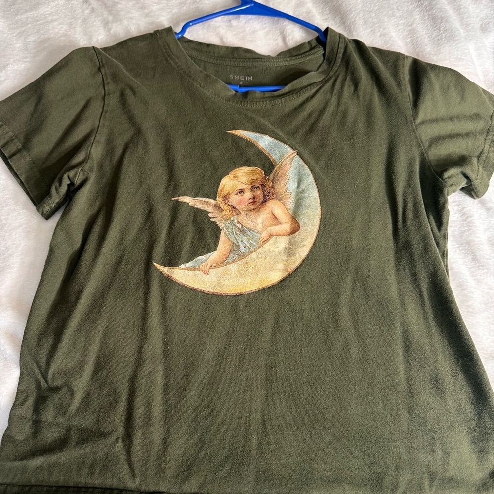 SHEIN Olive Green Angel Print Crop Top